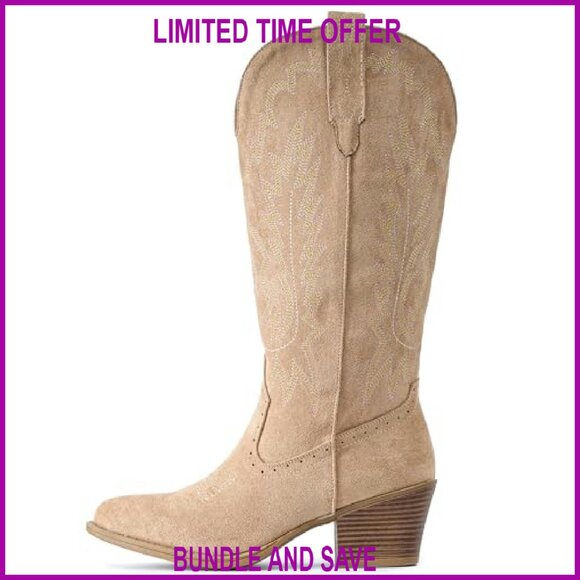 Suede Cowboy Boots Women Chunky Heel Pointed Toe Mid Calf Western - Picture 6 of 8